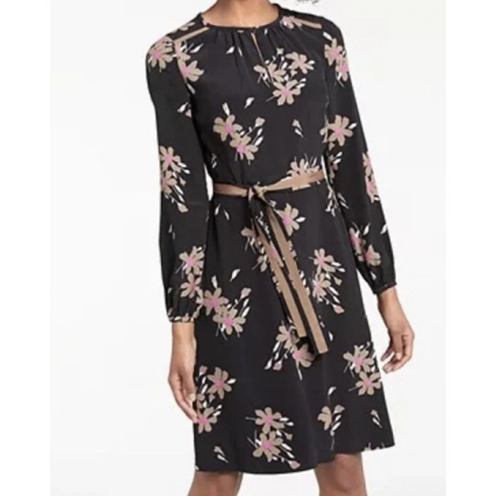 Boden Mara Black Bramble Floral Split Neck Belted Lined Long Sleeve Dress 6 - Picture 1 of 5